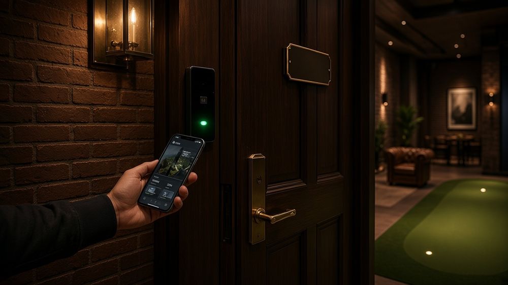 A member unlocking the club door with a phone
