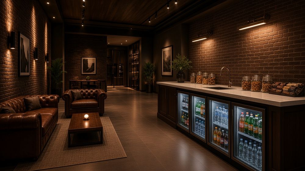 The stocked kitchen: a bar with drinks fridges beside the lounge