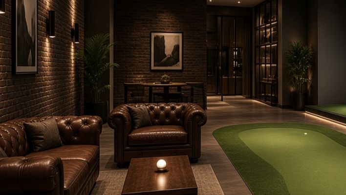 Chesterfield armchairs beside the putting green in the lounge