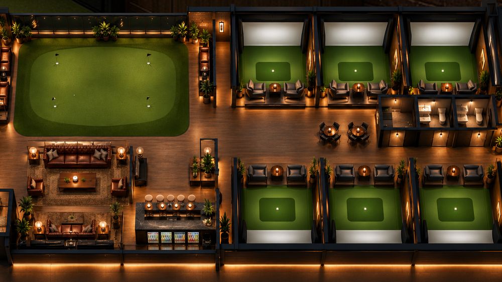 Overhead render of the club floor plan: bays, green and lounge