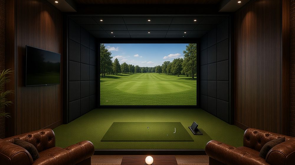 A TrackMan iO simulator bay with leather armchairs